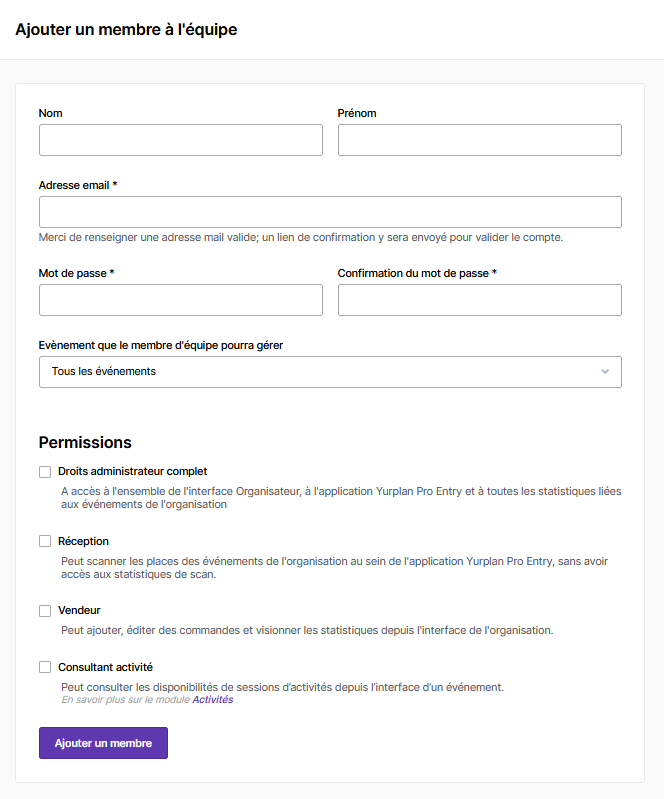 formulaire d'ajout d'un membre à l'équipe sur Yurplan pour recruter des freelance et donner des accès spécifique