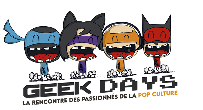 logo de la convention de fans : geek days. 4 personnages déguisés en super héros souriants.