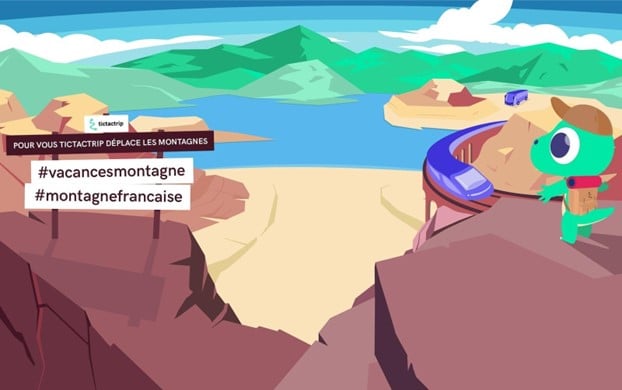 illustration représentant la masquotte tictactrip devant un panorama avec un train qui passe