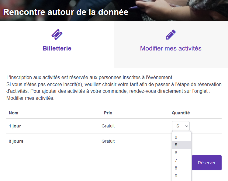 capture d'écran gestion de commande yurplan participants