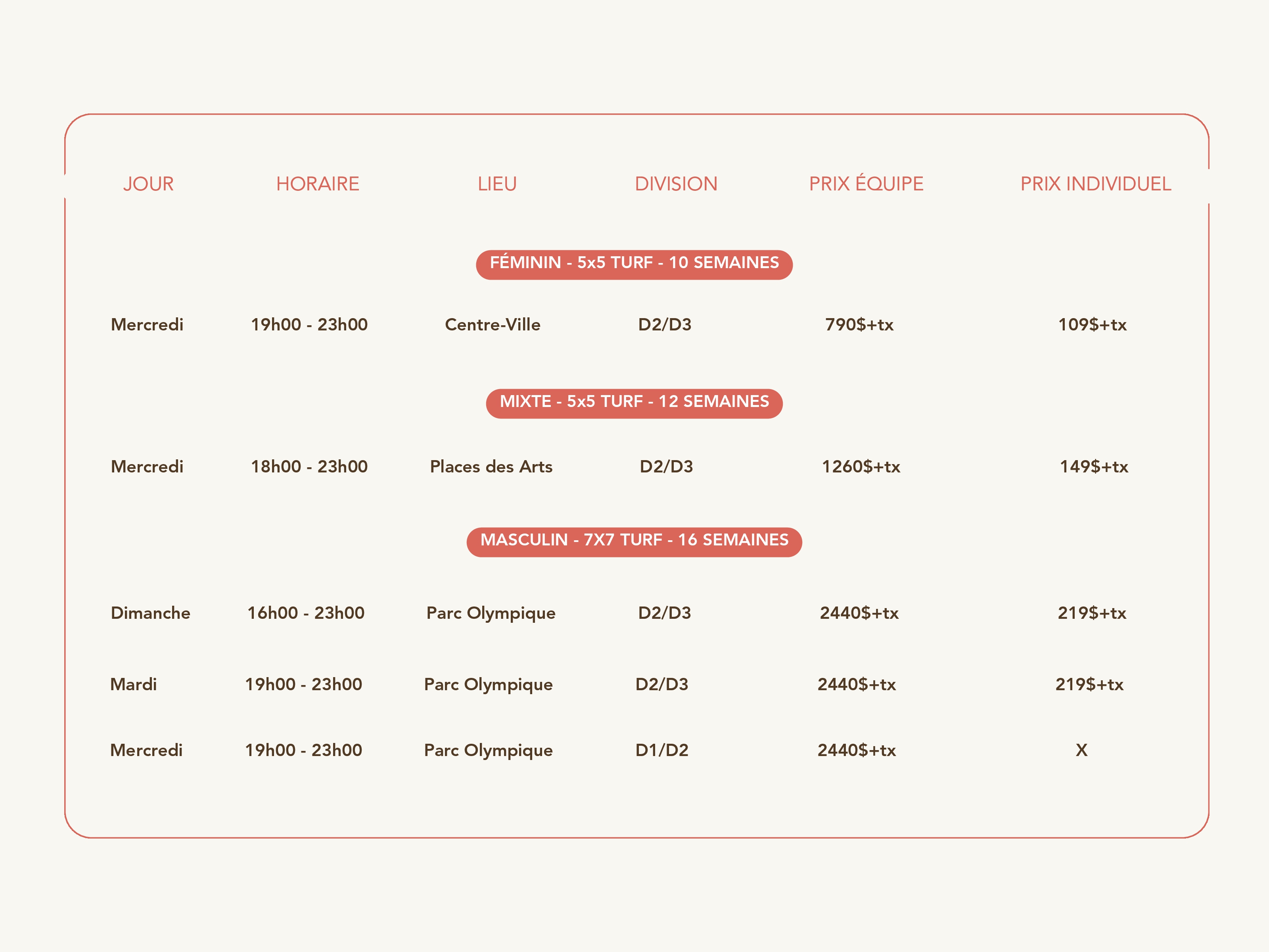 Liste prix outdoor