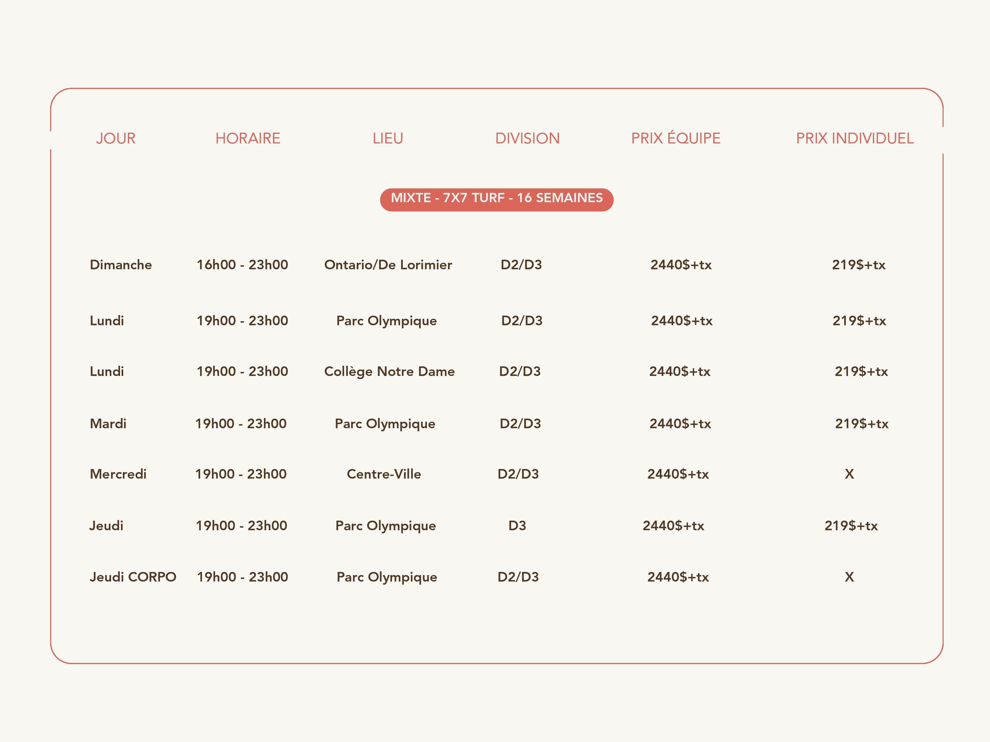 Liste prix outdoor