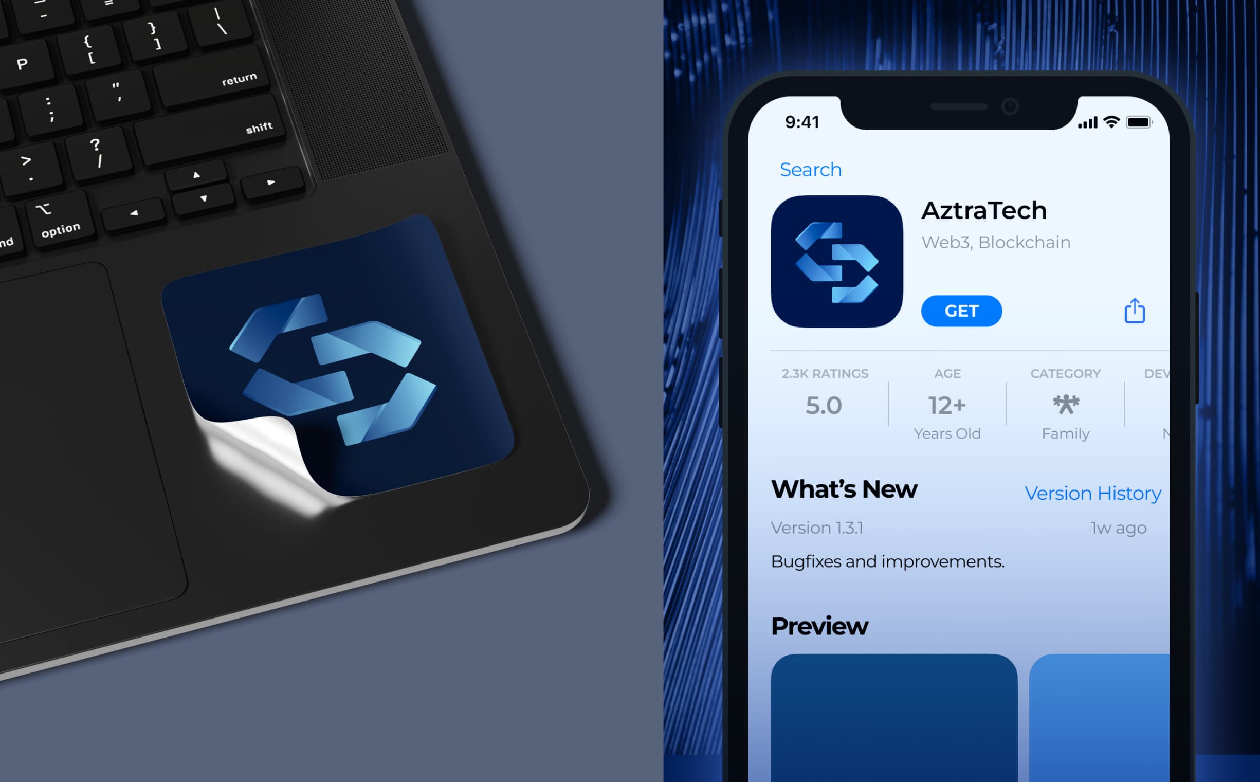 Laptop keyboard with a peeling sticker of a blue chain link logo next to a smartphone screen displaying the AztraTech app listing with a 5-star rating.