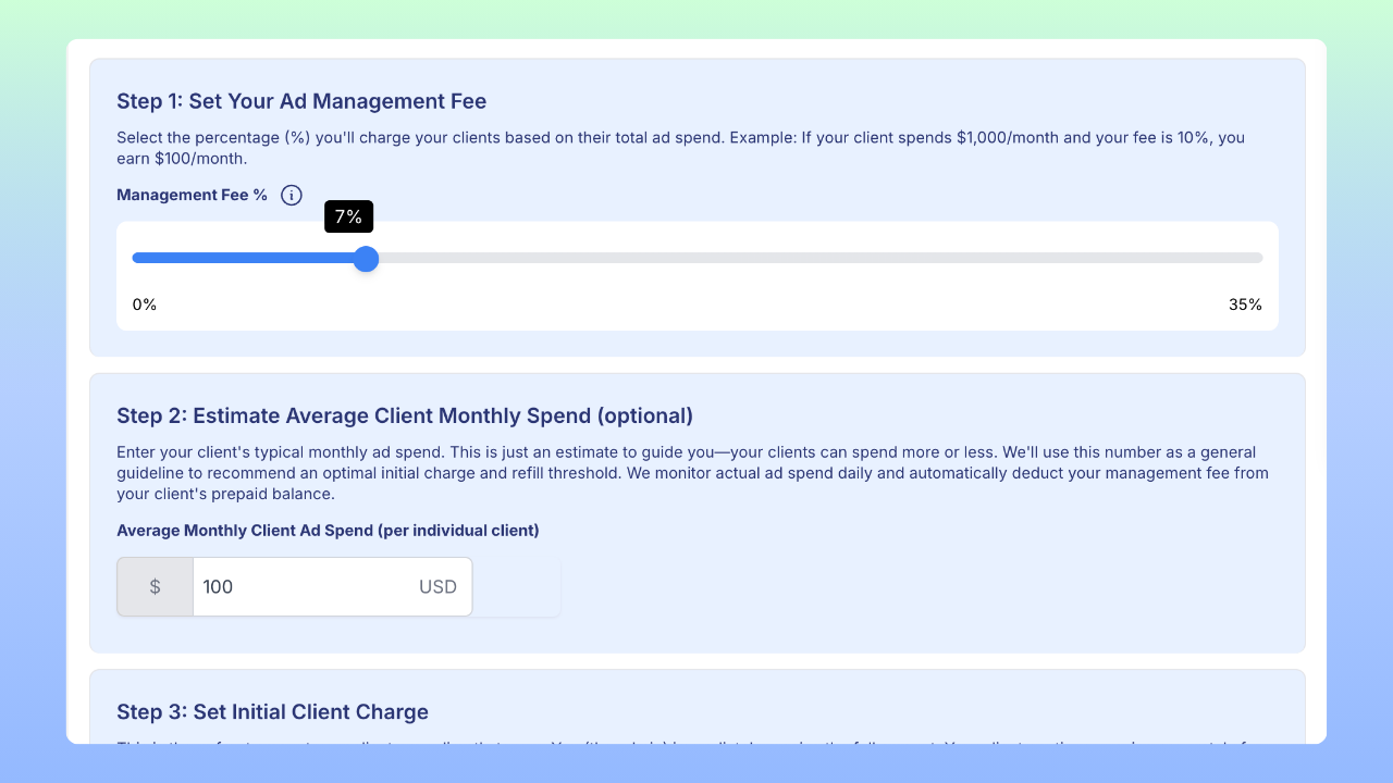 Bill clients a percentage of ad spend with custom pricing controls