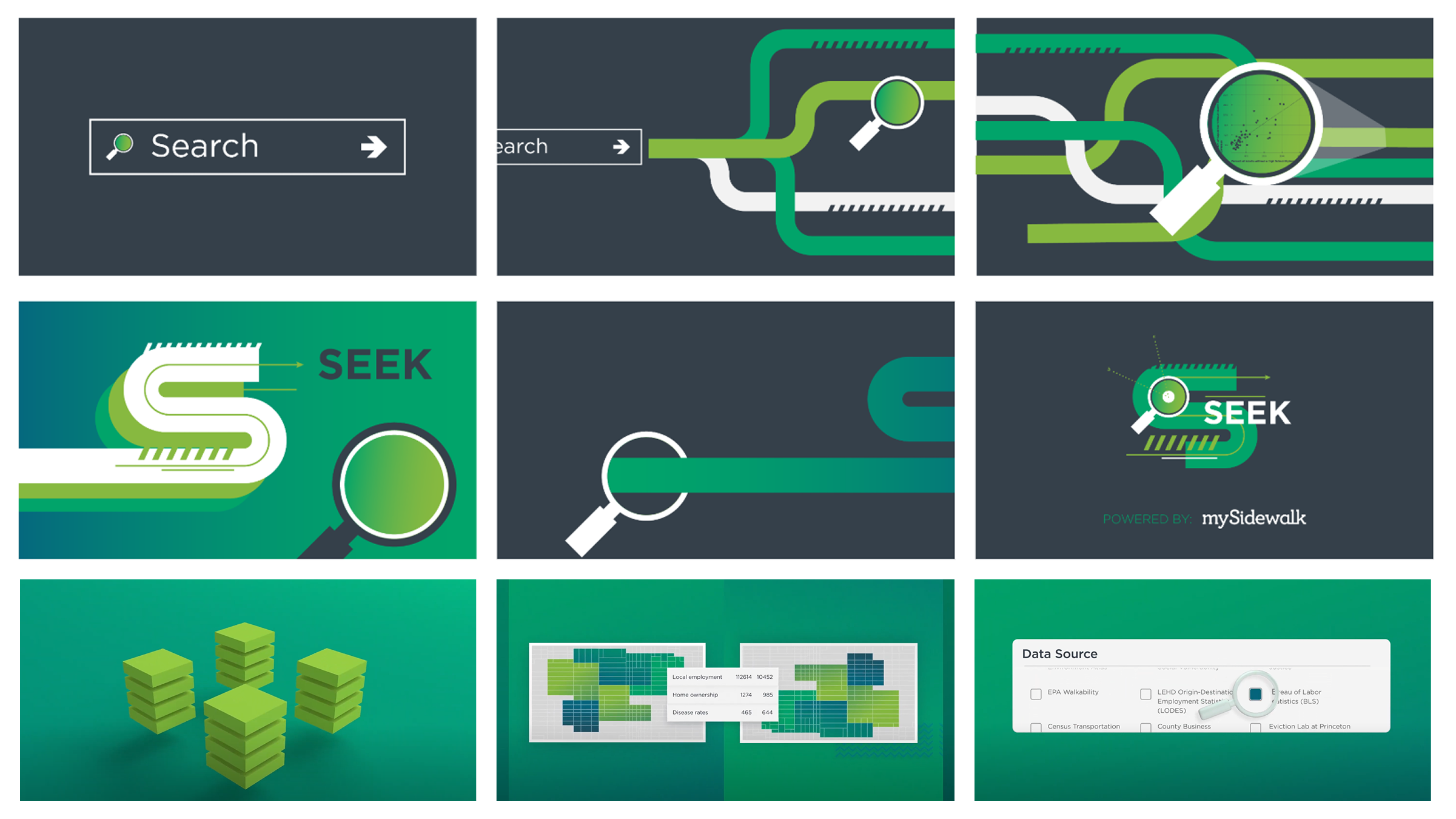 Story board animations showing abstract search shapes