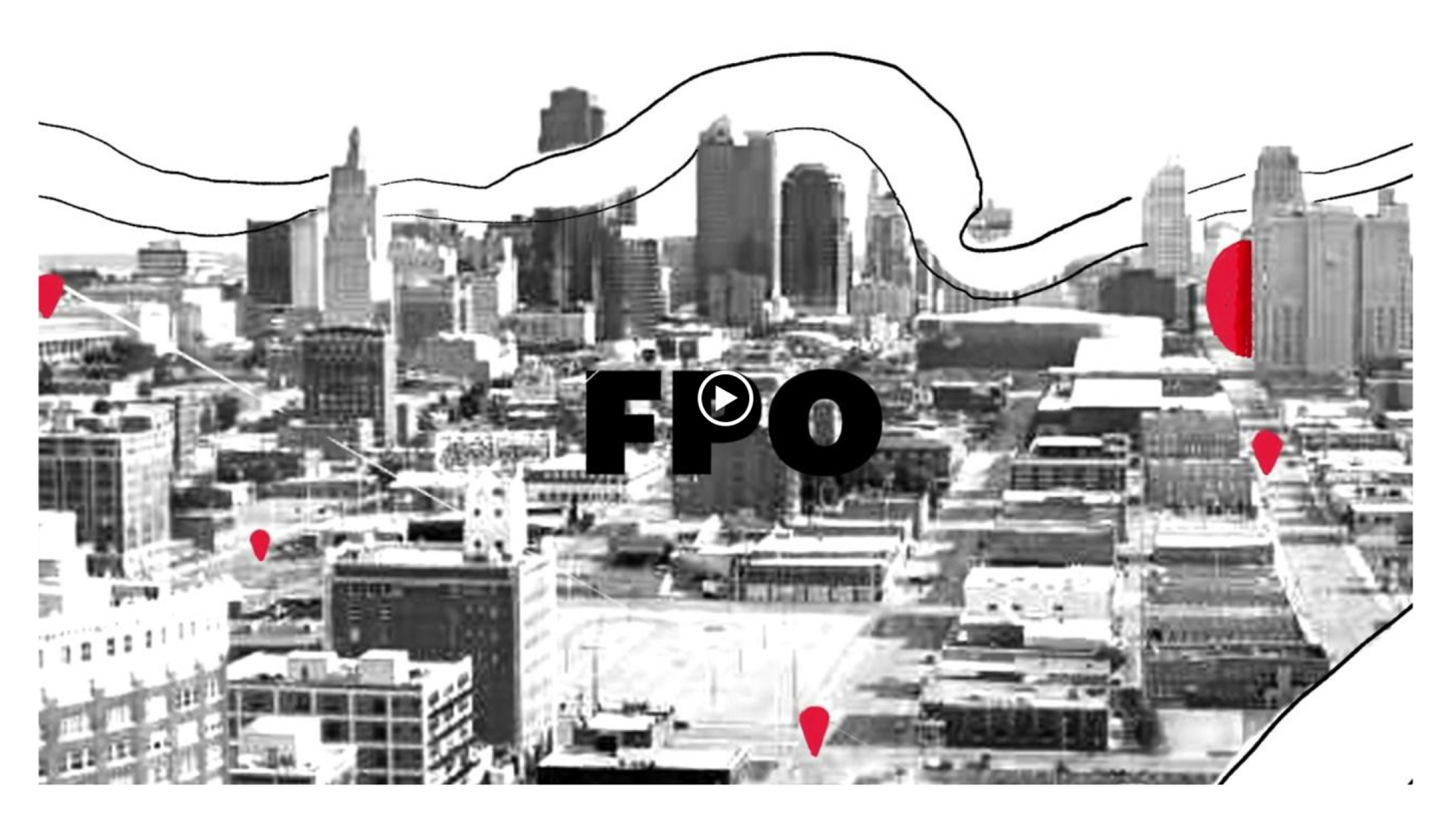 An animatic sketch showing a city with imagery layered on top
