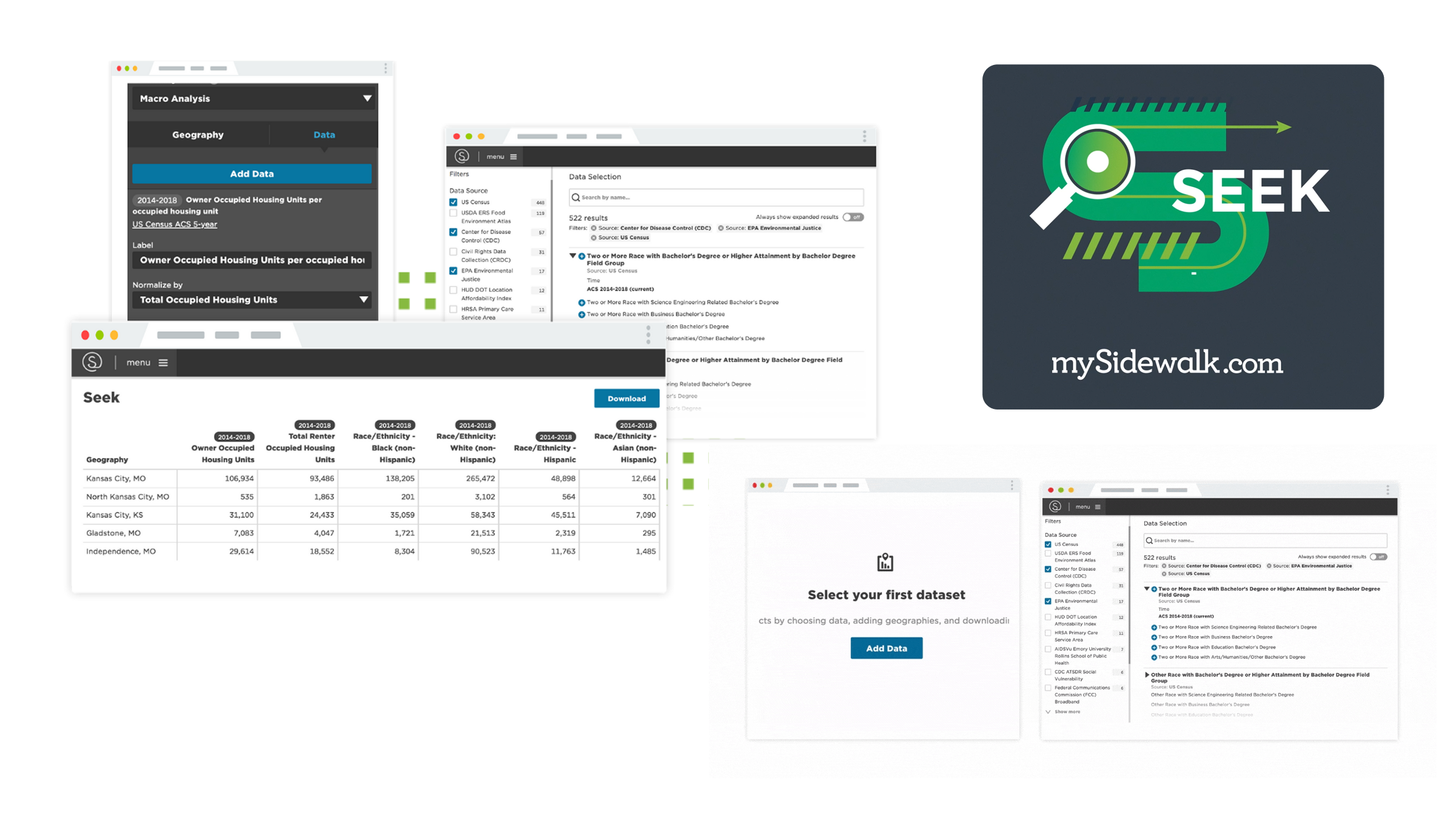 Product screenshots showing data tables and discovery methods