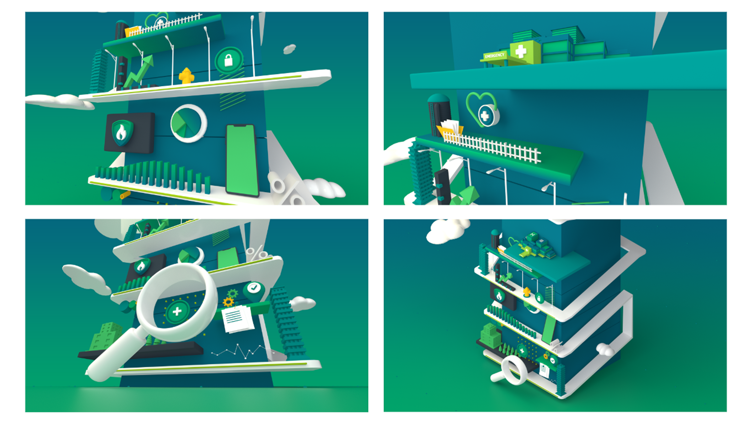 A 3D animated world with search iconography