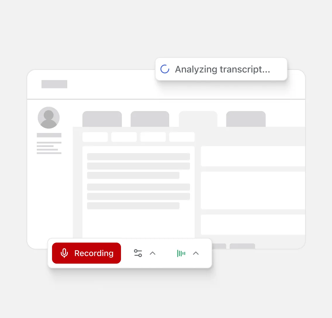User interface showing a recording control panel with a red 'Recording' button and a message saying 'Analyzing transcript...'.