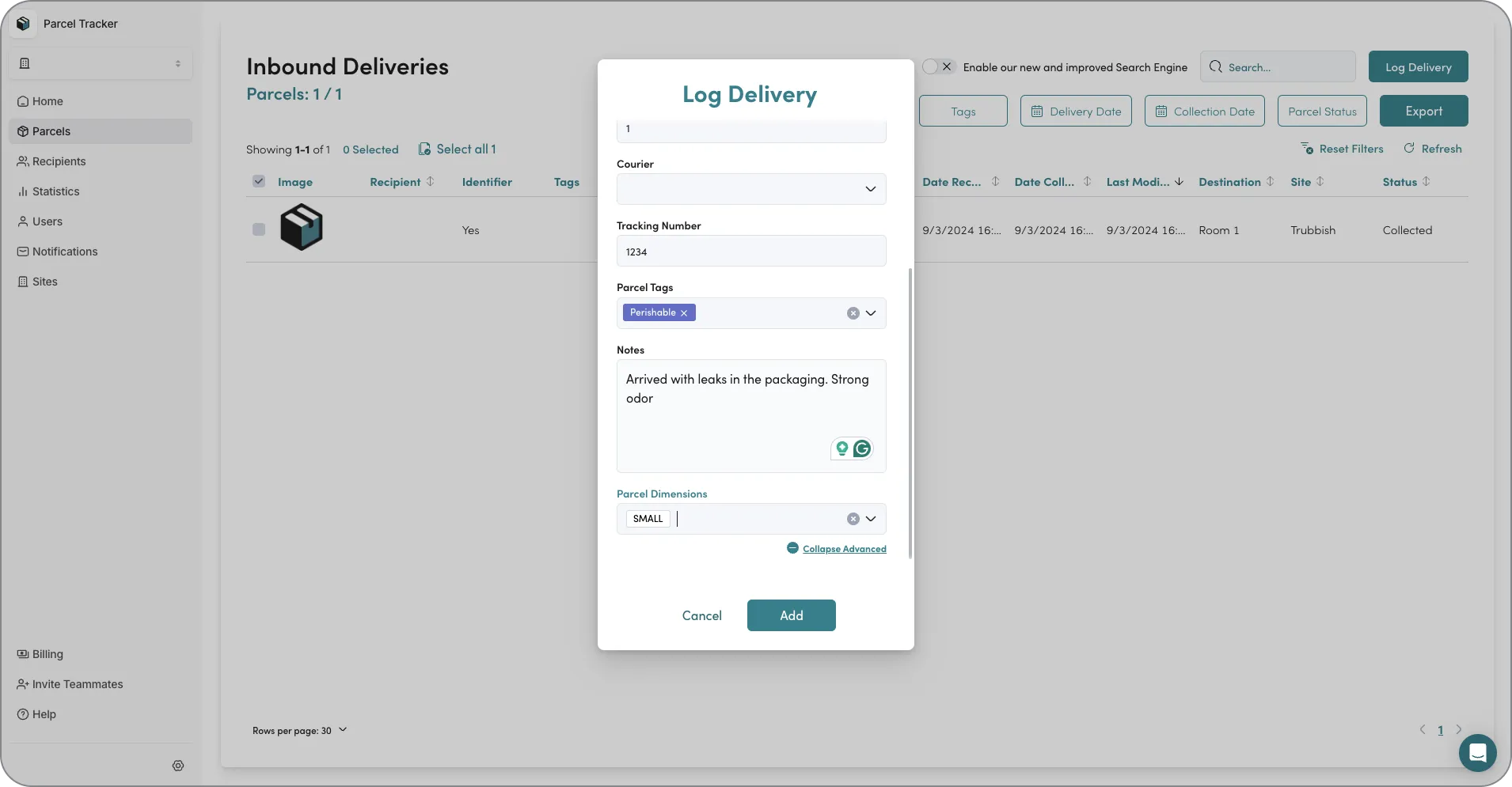 Parcel Tracker's digital delivery log