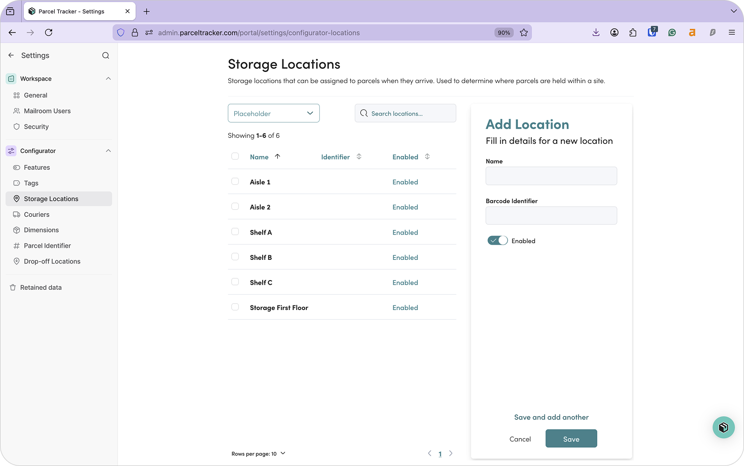 Parcel Tracker configure storage locations