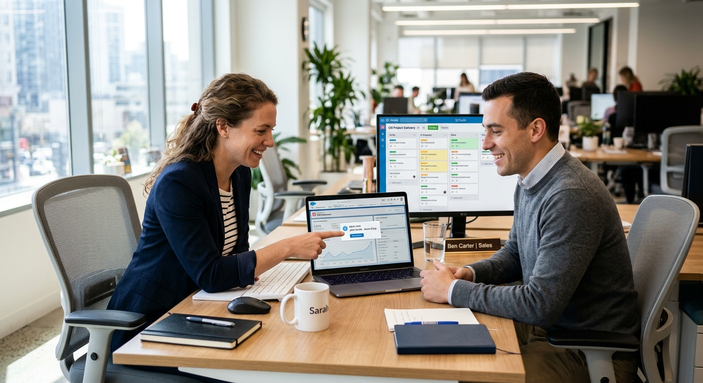 Two colleagues reviewing a connected sales dashboard on a laptop.