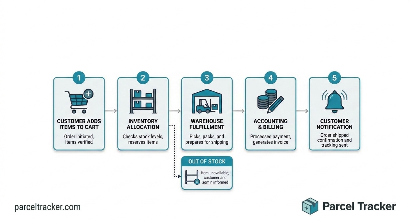 Five-step order workflow with an alternative route for out-of-stock items.