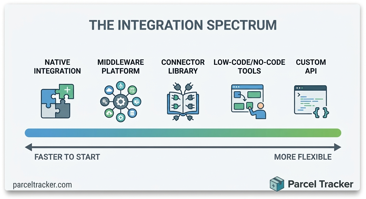 Spectrum of integration methods from simple native connections to custom API builds.