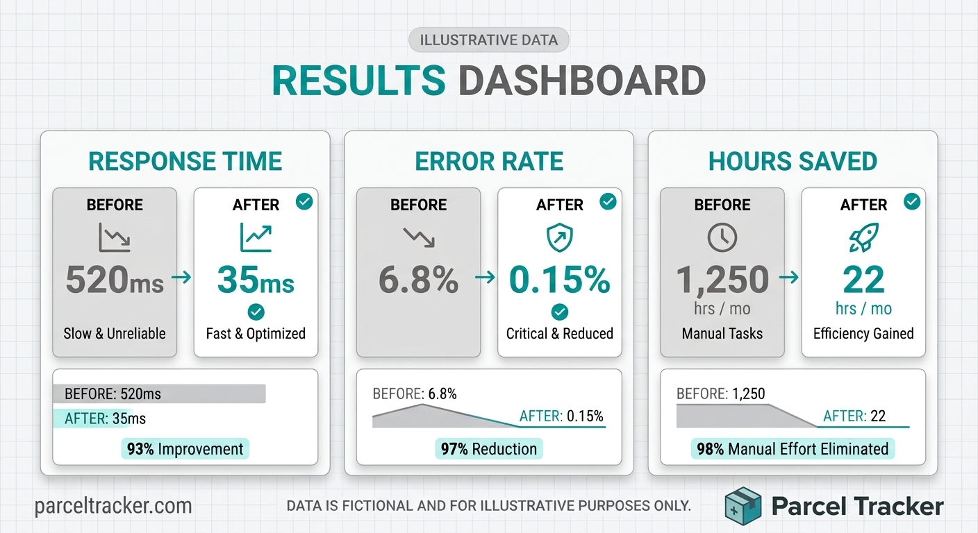 Illustrative dashboard comparing workflow performance before and after automation.
