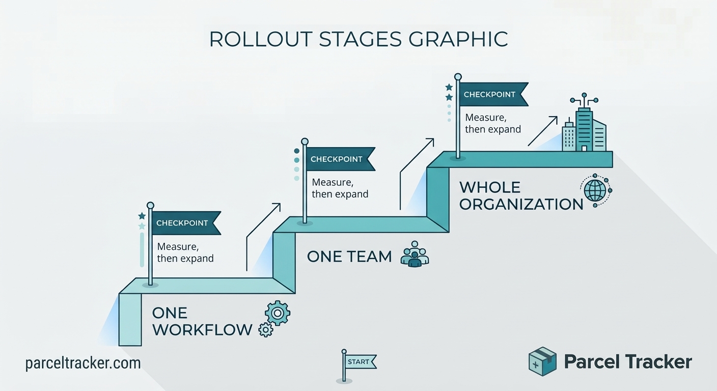Staircase showing automation rolling out from one workflow to the whole organization.