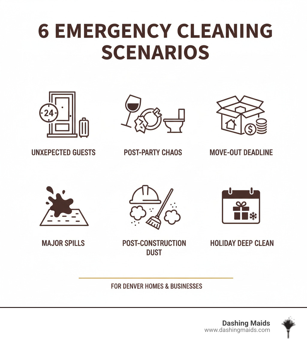 Infographic showing the top 6 emergency cleaning scenarios: unexpected guests arriving within 24 hours, post-party cleanup with kitchen disasters and bathroom messes, move-out cleaning deadlines for security deposits, major spills on carpets or upholstery, post-construction dust and debris removal, and seasonal deep cleaning before holidays or events - emergency cleaning denver infographic 