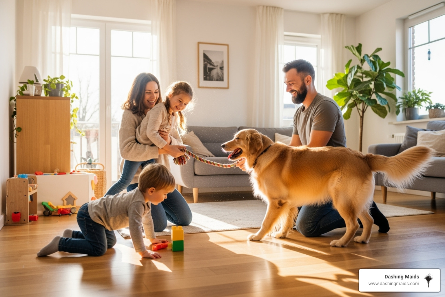 A happy family with two young children and a dog playing on a freshly cleaned, sunny living room floor - eco friendly cleaning denver