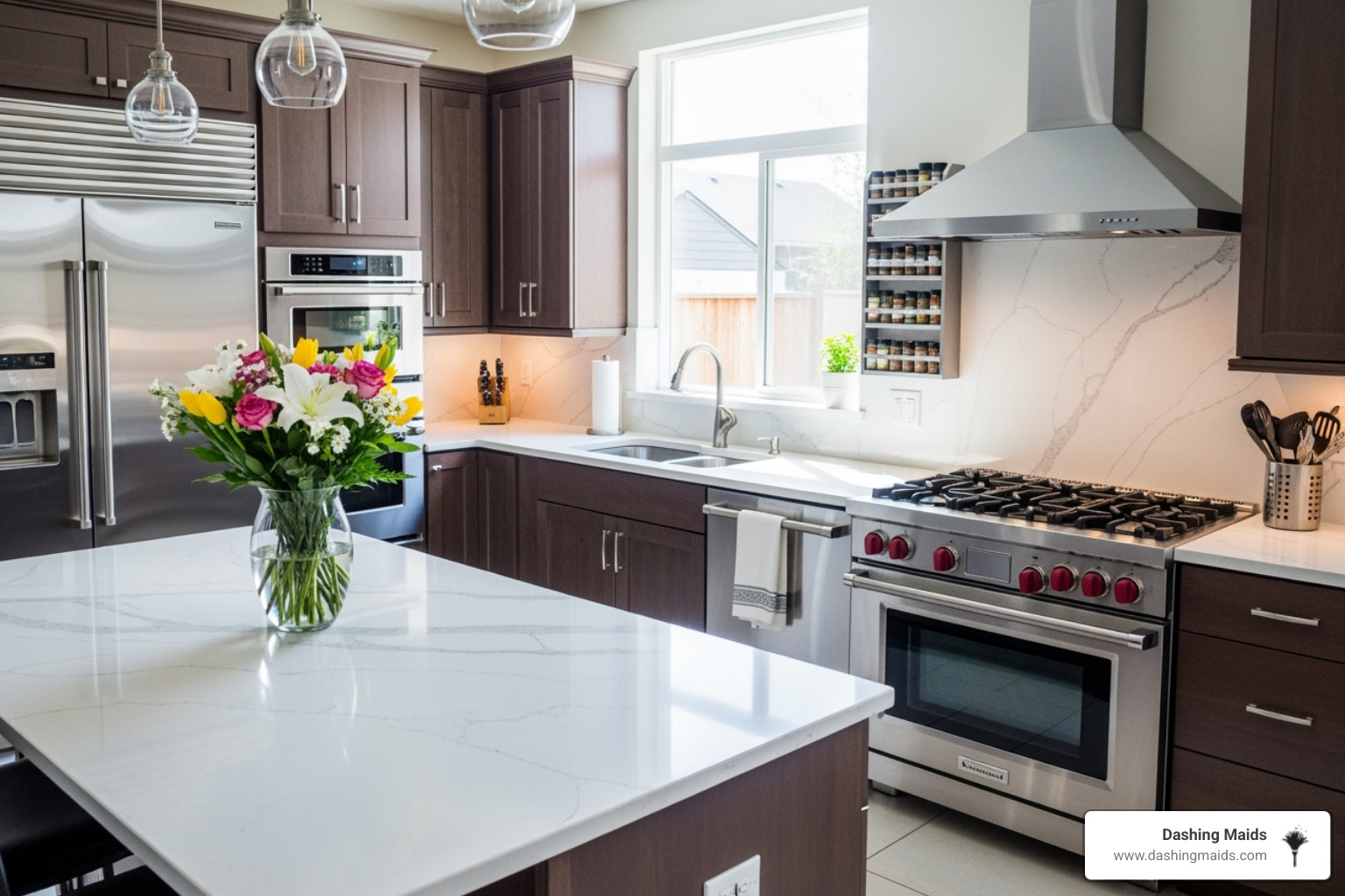A professionally cleaned kitchen with sparkling stainless steel appliances, clean countertops, and fresh flowers - eco friendly cleaning denver