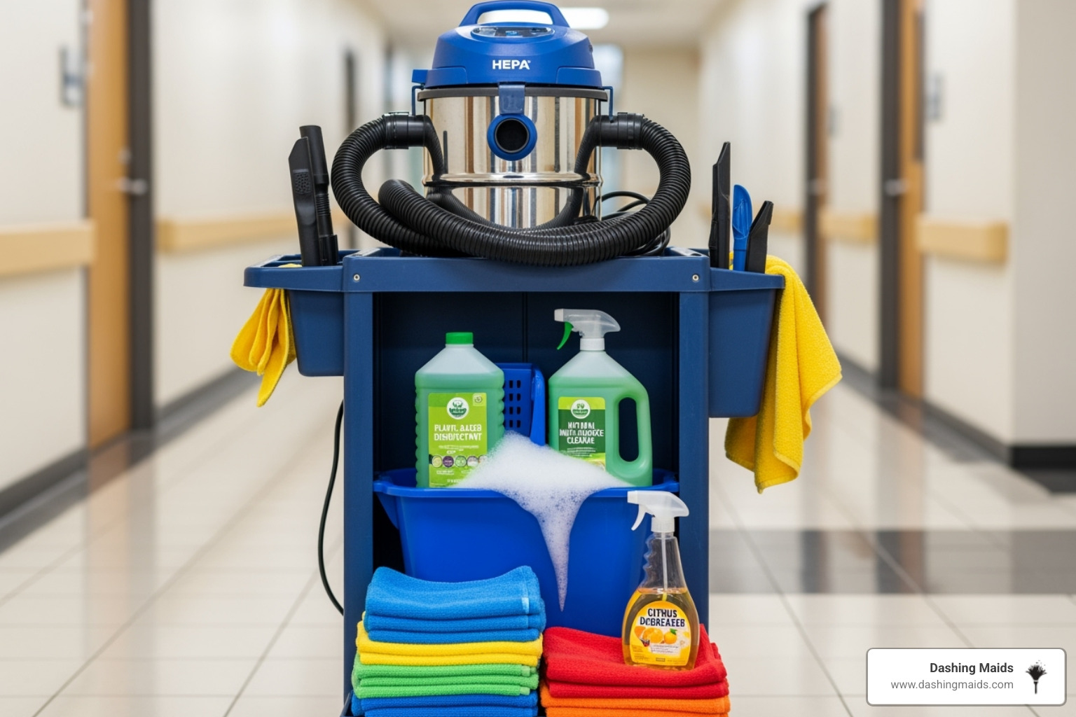 Professional cleaning equipment, including a HEPA vacuum cleaner, a bucket of eco-friendly cleaning solutions, and a stack of color-coded microfiber towels - eco friendly cleaning denver