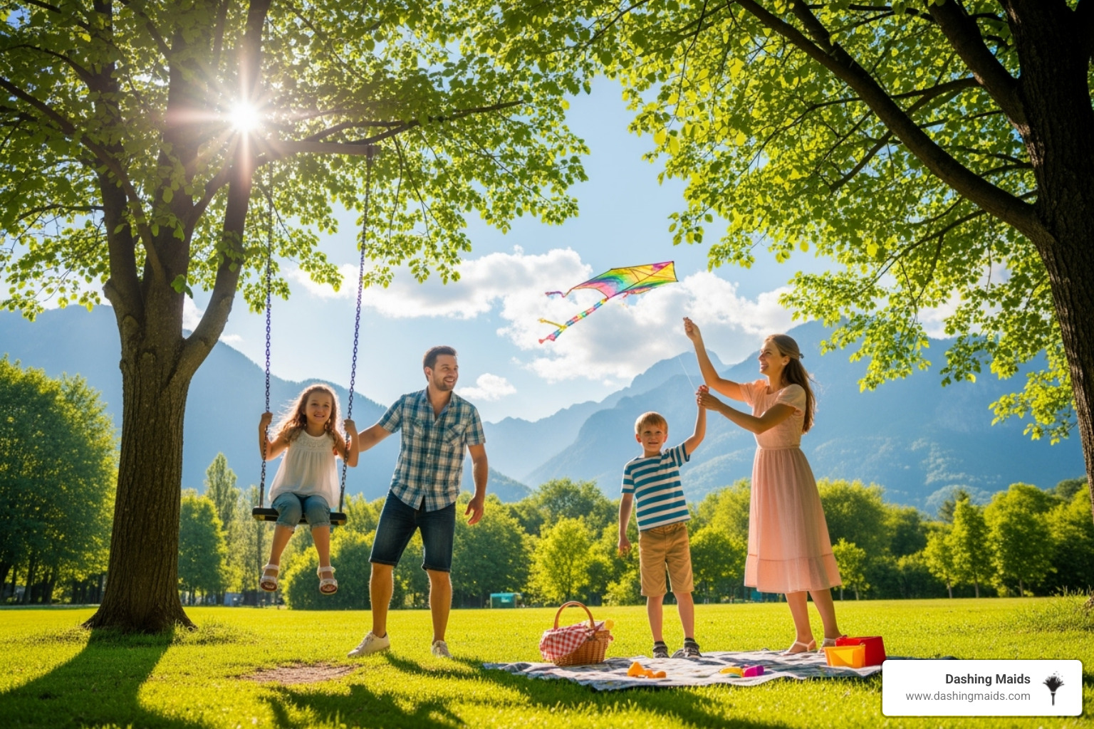 A family enjoying a sunny day outdoors in a park, with green trees and mountains in the background - bi weekly cleaning service broomfield
