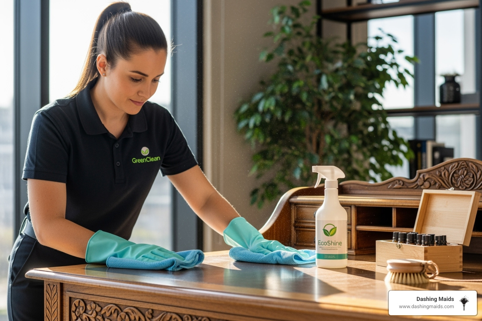 A cleaning professional carefully dusting a wooden surface with a microfiber cloth and eco-friendly products - bi weekly cleaning service broomfield