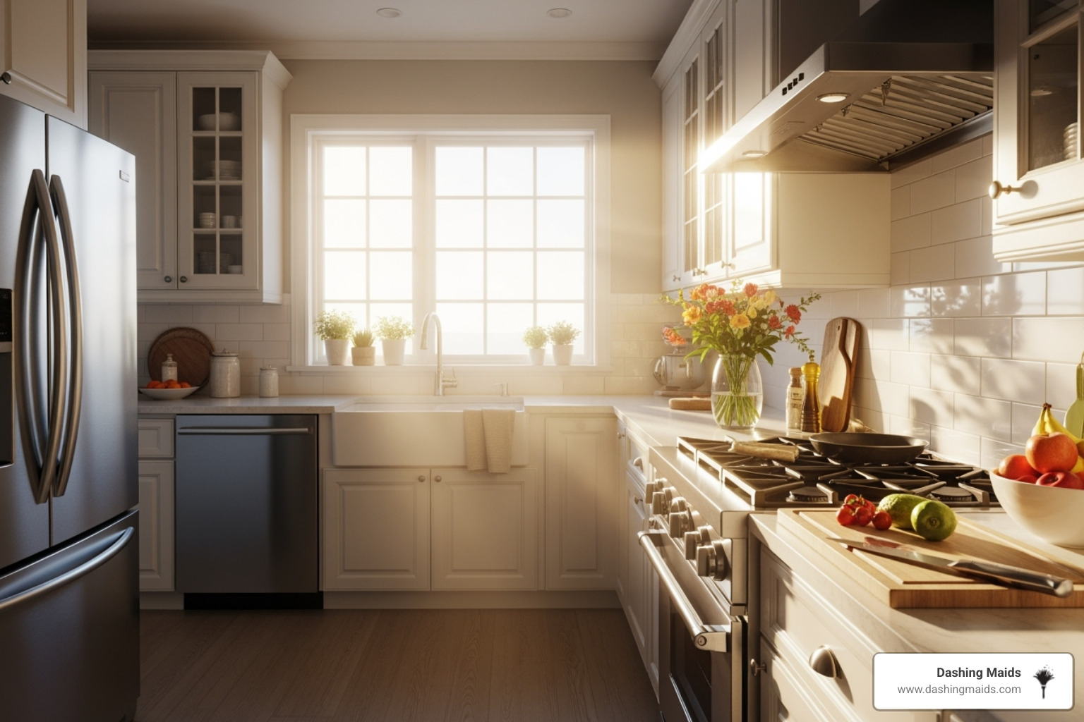 A bright and clean kitchen with sunlight streaming through a window - bi weekly cleaning service broomfield