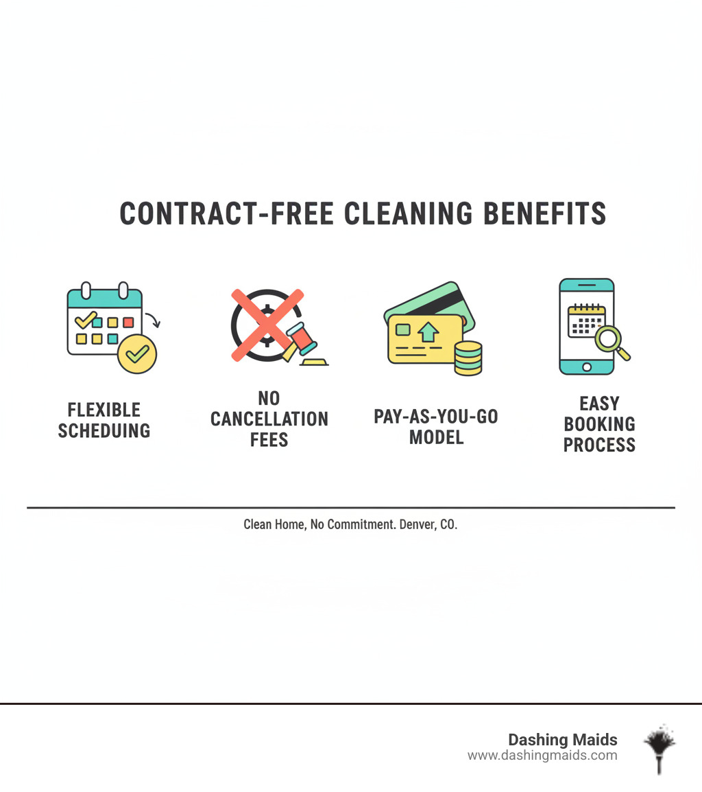 Infographic showing contract-free cleaning benefits: flexible scheduling with calendar icons, no cancellation fees with crossed-out penalty symbols, pay-as-you-go model with simple payment graphics, and easy booking process with smartphone interface - contract free cleaning denver co infographic 