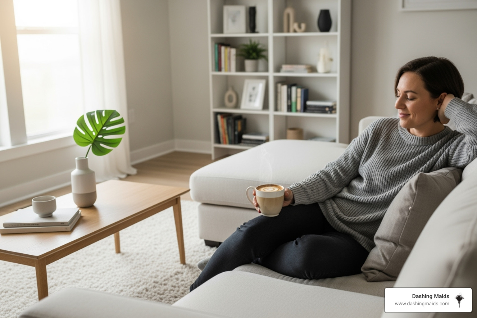 person relaxing with coffee while home is cleaned - contract free cleaning denver co