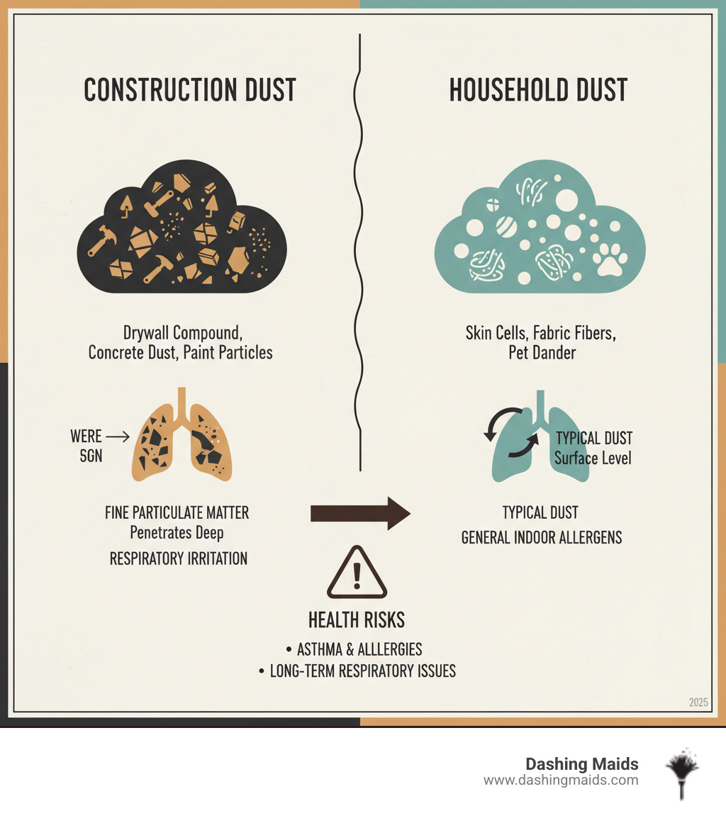 Infographic showing construction dust particles versus regular household dust, highlighting health risks including respiratory irritation, fine particulate matter that penetrates deep into lungs, and contamination from building materials like drywall compound, concrete dust, and paint particles compared to typical dust from skin cells, fabric fibers, and pet dander - post construction cleaning denver infographic Infographic showing construction dust particles versus regular household dust, highlighting health risks including respiratory irritation, fine particulate matter that penetrates deep into lungs, and contamination from building materials like drywall compound, concrete dust, and paint particles compared to typical dust from skin cells, fabric fibers, and pet dander - post construction cleaning denver infographic