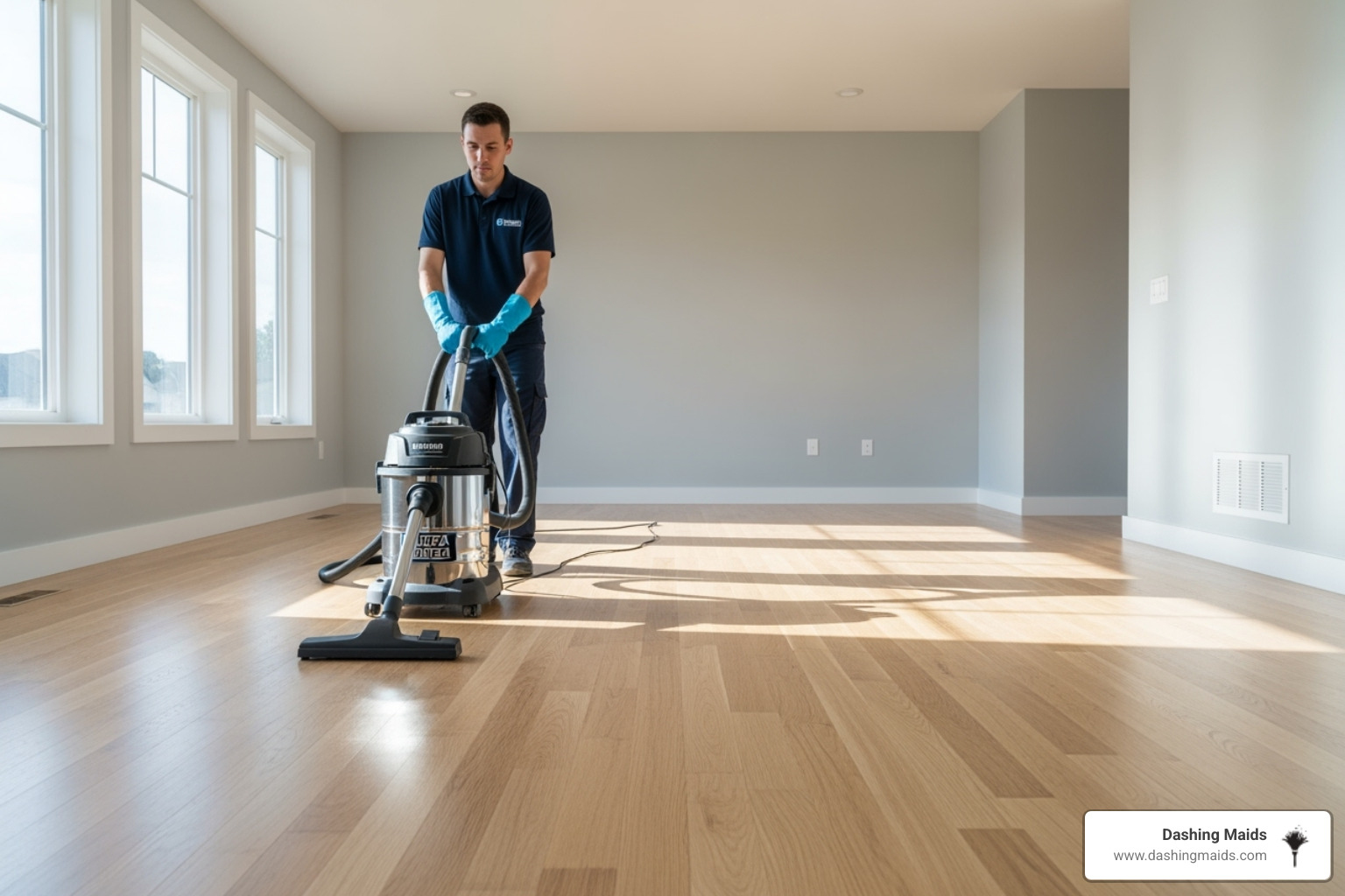 a cleaner using a HEPA filter vacuum on a new hardwood floor - post construction cleaning denver a cleaner using a HEPA filter vacuum on a new hardwood floor - post construction cleaning denver
