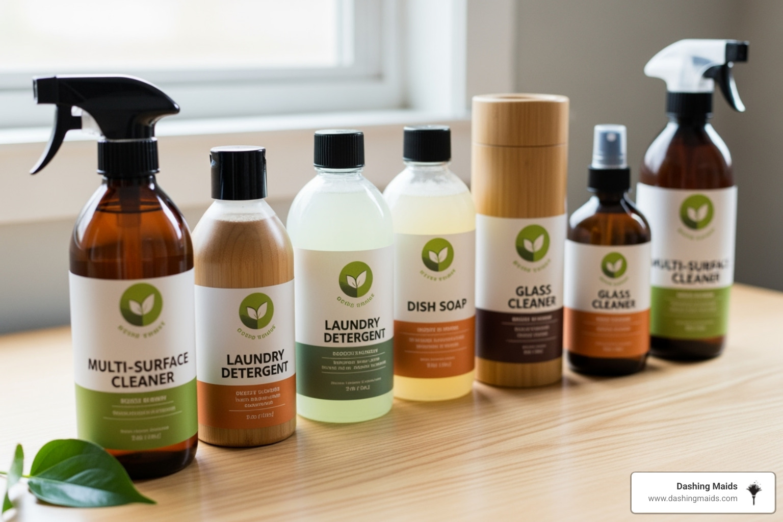 eco-friendly cleaning bottles with green leaf logos - pet friendly cleaning denver