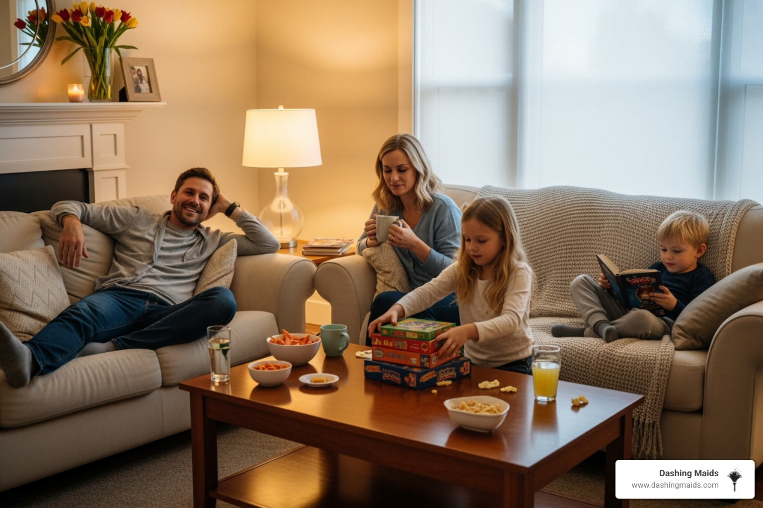 family enjoying a clean living room after a party - event cleaning service littleton