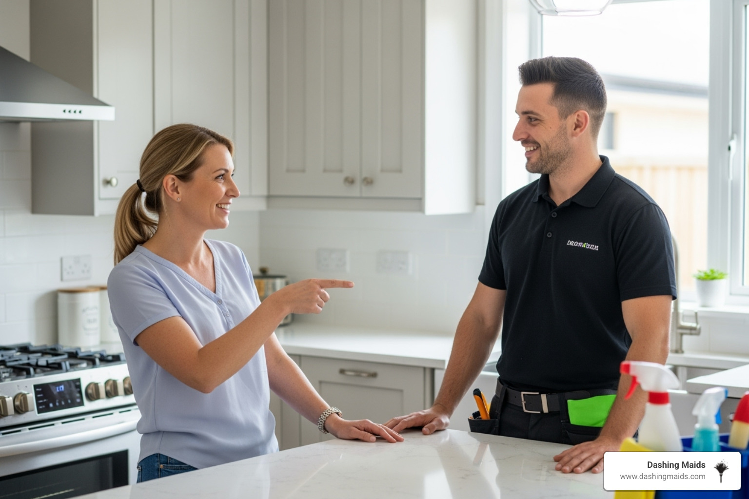 A person happily pointing out a specific area of their kitchen to a cleaner, both smiling and engaged in conversation - custom cleaning company golden