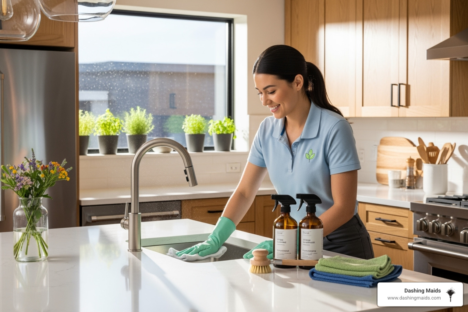 A friendly, professional cleaner using eco-friendly supplies in a modern kitchen, with natural light streaming in - custom cleaning company golden