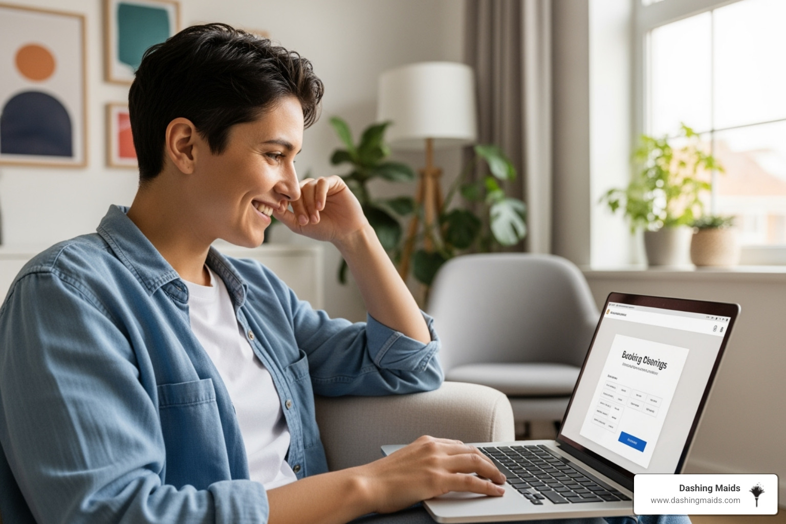 a person smiling while easily booking a cleaning service on their laptop - apartment cleaning service denver a person smiling while easily booking a cleaning service on their laptop - apartment cleaning service denver