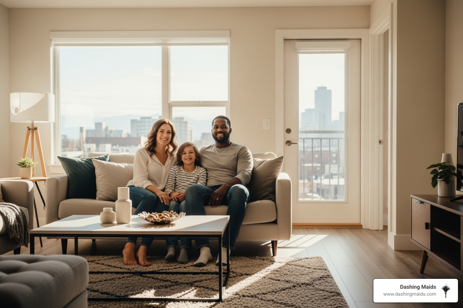 a happy family relaxing in a clean, sunlit living room in a Denver apartment - apartment cleaning service denver a happy family relaxing in a clean, sunlit living room in a Denver apartment - apartment cleaning service denver