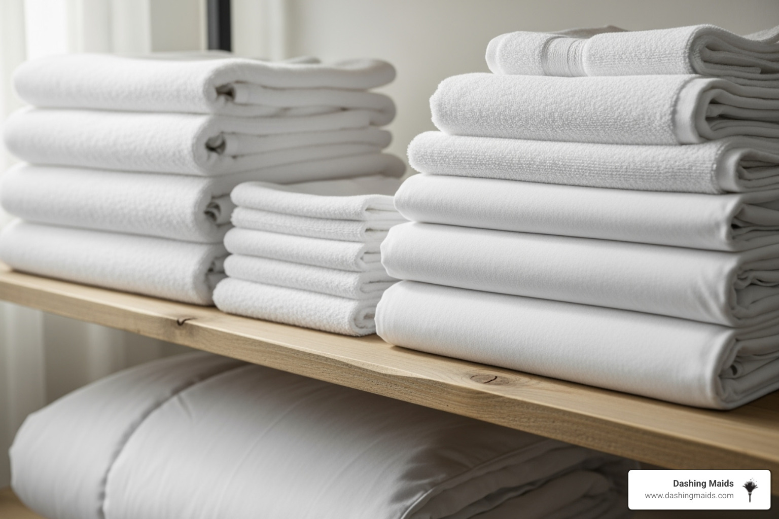 neatly stacked, fresh linens on a shelf - airbnb cleaning denver