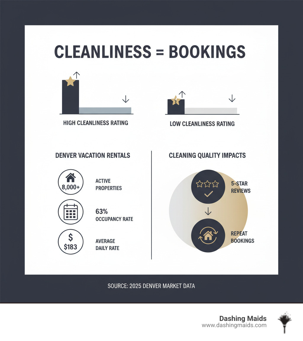 Infographic showing the direct correlation between property cleanliness ratings and guest booking rates, featuring Denver vacation rental statistics: 8K active properties, 63% occupancy rate, $183 average daily rate, and the impact of cleaning quality on 5-star reviews and repeat bookings - airbnb cleaning denver infographic 