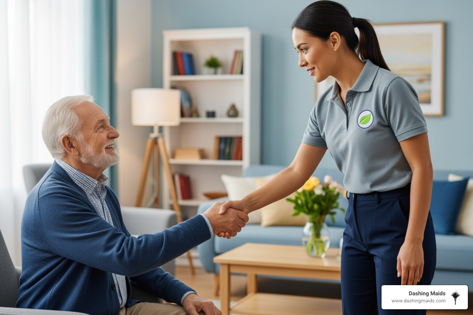 A senior warmly shaking hands with a professional cleaner, emphasizing trust and connection - elderly cleaning assistance denver co A senior warmly shaking hands with a professional cleaner, emphasizing trust and connection - elderly cleaning assistance denver co