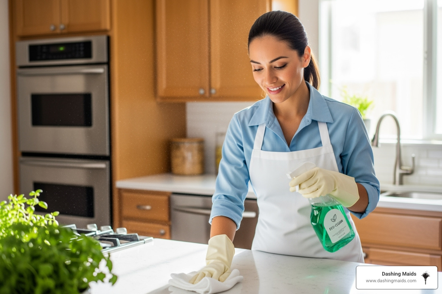 A friendly cleaner wiping down a kitchen counter with eco-friendly products - elderly cleaning assistance denver co A friendly cleaner wiping down a kitchen counter with eco-friendly products - elderly cleaning assistance denver co