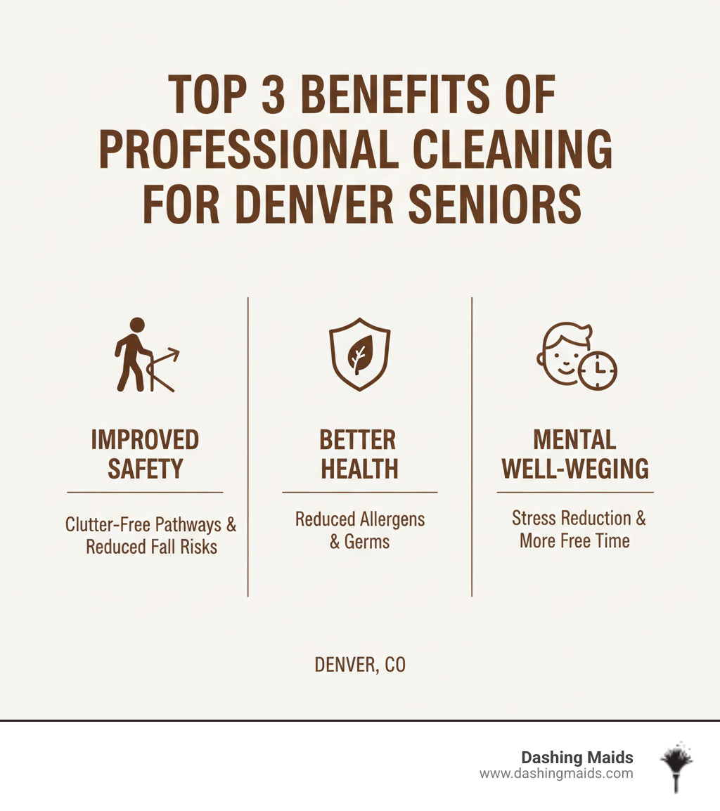 Infographic showing the top 3 benefits of professional cleaning for Denver seniors: improved safety through clutter-free pathways and reduced fall risks, better health from reduced allergens and germs, and improved mental well-being from stress reduction and more free time - elderly cleaning assistance denver co infographic Infographic showing the top 3 benefits of professional cleaning for Denver seniors: improved safety through clutter-free pathways and reduced fall risks, better health from reduced allergens and germs, and improved mental well-being from stress reduction and more free time - elderly cleaning assistance denver co infographic