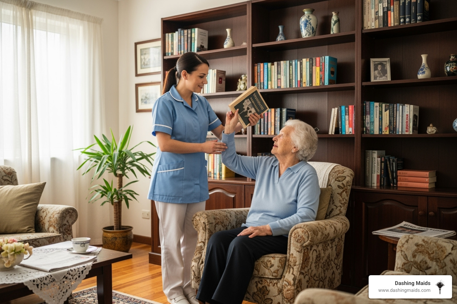 A caring Dashing Maids team member helping a senior organize a bookshelf in a tidy living room - elderly cleaning assistance denver co A caring Dashing Maids team member helping a senior organize a bookshelf in a tidy living room - elderly cleaning assistance denver co