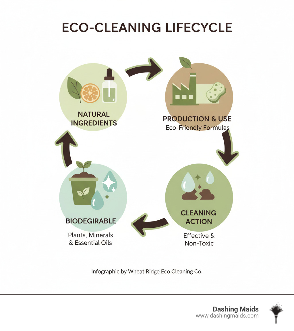 A graphic illustrating the lifecycle of eco-friendly cleaning products, from natural ingredients to biodegradable breakdown - eco cleaning company wheat ridge infographic 