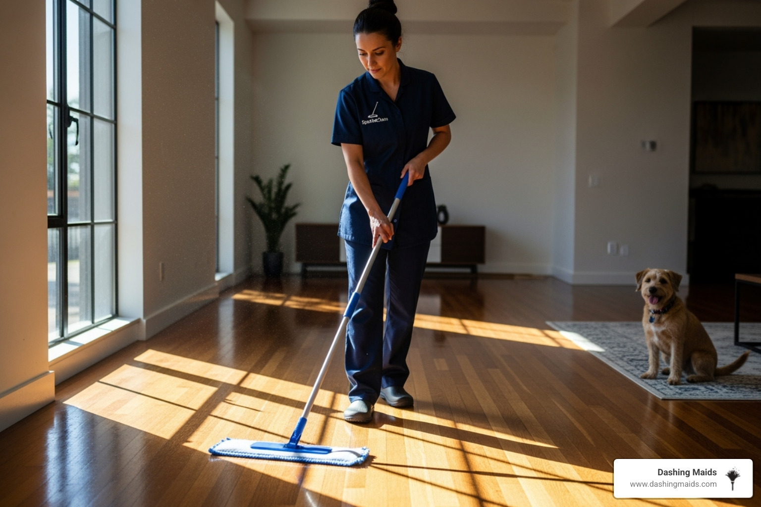 A cleaning professional in a Dashing Maids uniform is shown using a microfiber mop on a hardwood floor, with sunlight streaming through a window. A small, contented dog is seen observing from a distance. - pet friendly cleaning lakewood