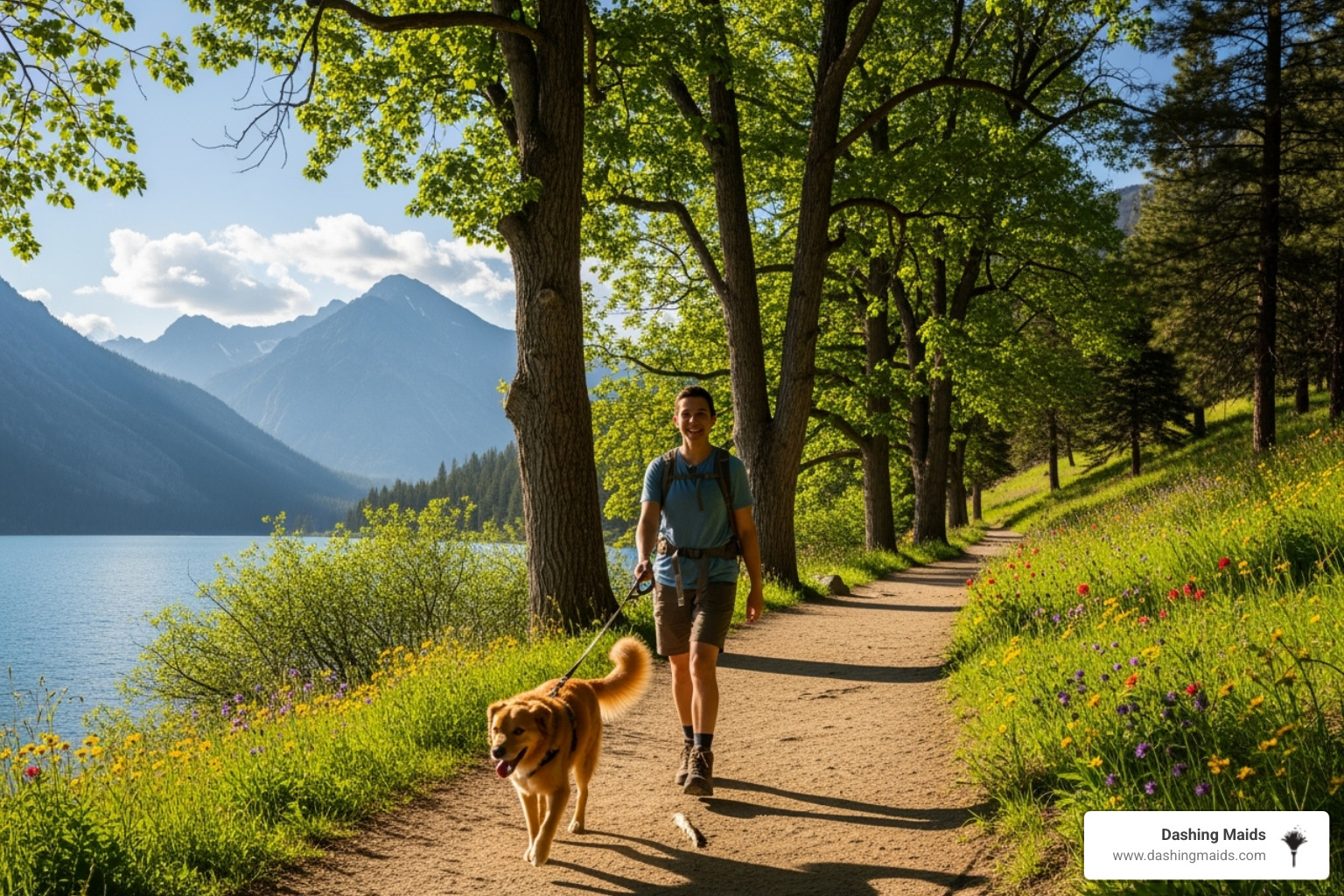 A happy person is shown walking their dog on a leash along a scenic trail in a sun-drenched park, with mountains and a lake visible in the background, representing the natural beauty of Lakewood. - pet friendly cleaning lakewood