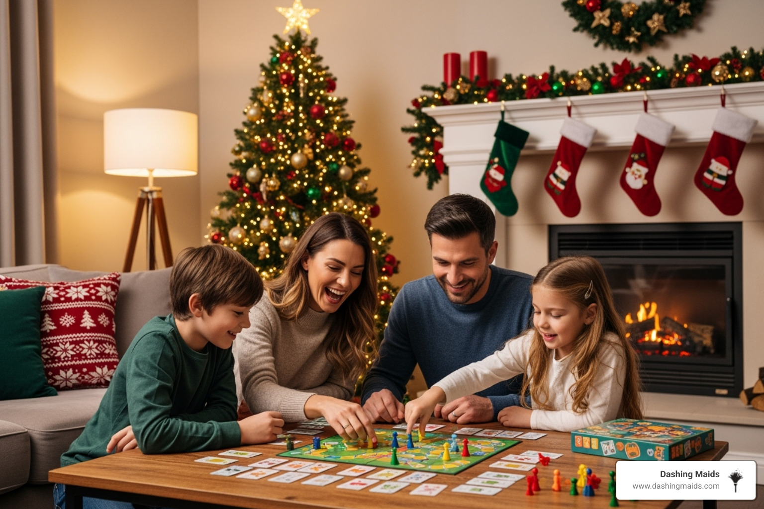 A happy family enjoying a board game in a tidy living room, with Christmas decorations in the background. - holiday cleaning service arvada