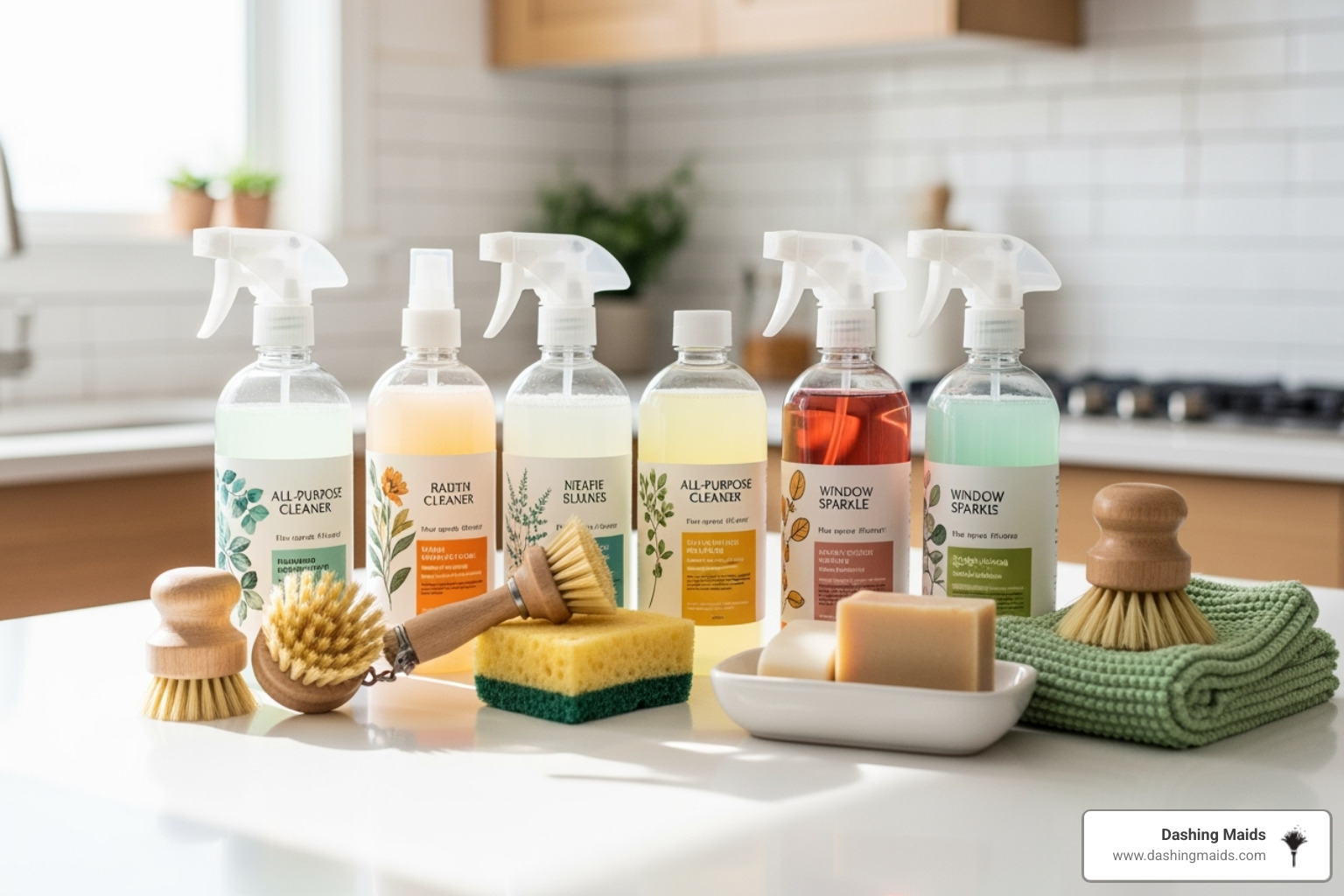 Eco-friendly cleaning products on a clean countertop. - holiday cleaning service arvada
