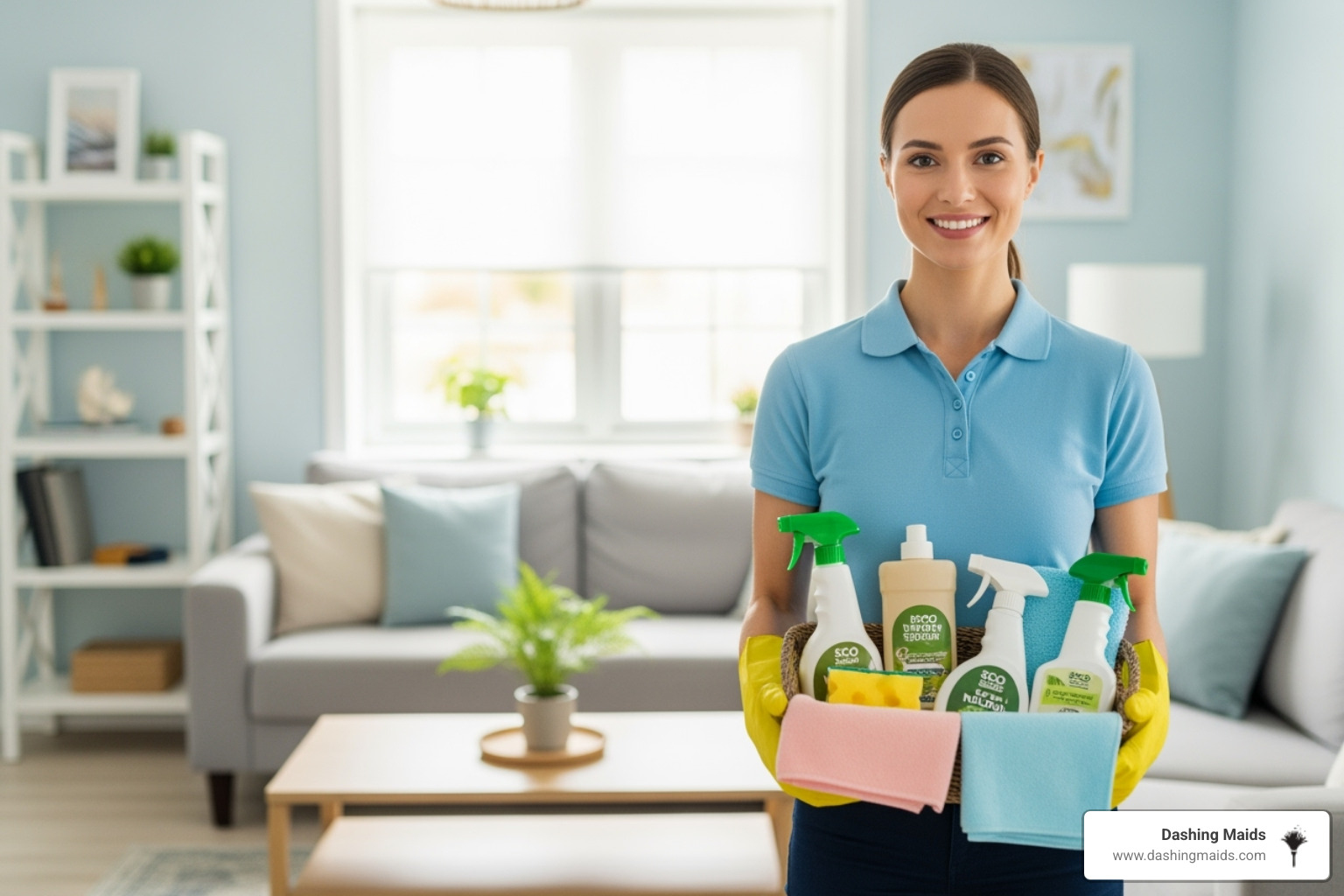 friendly cleaner with eco-friendly products, smiling - comprehensive deep cleaning lakewood