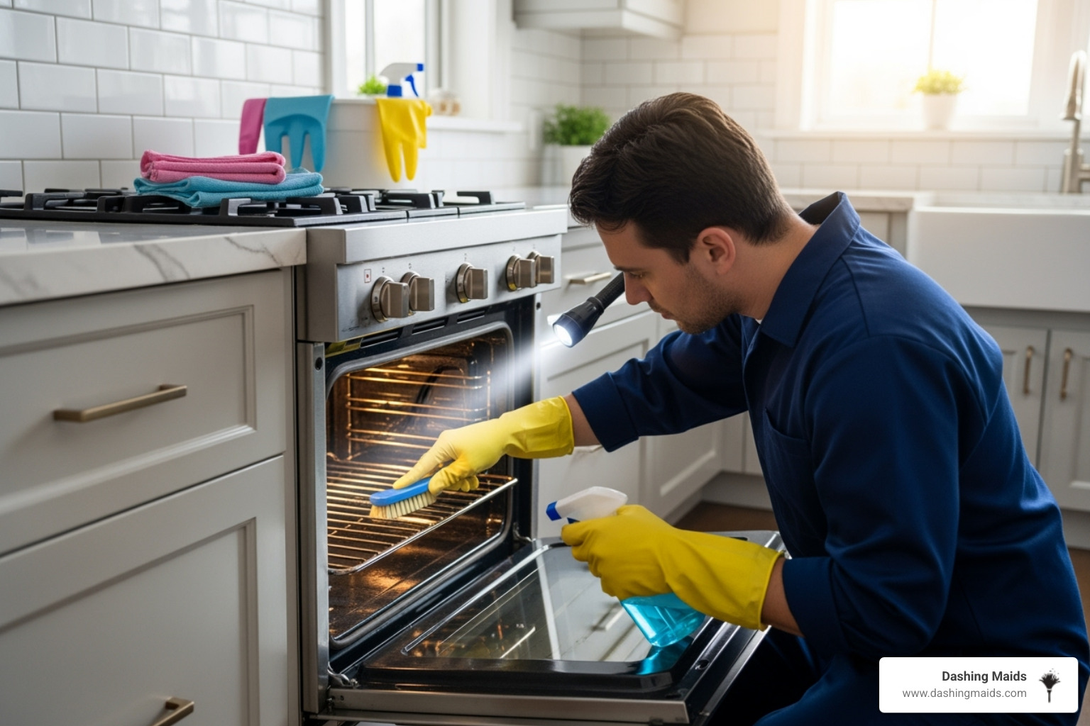 professional cleaner deep cleaning a kitchen appliance - comprehensive deep cleaning lakewood